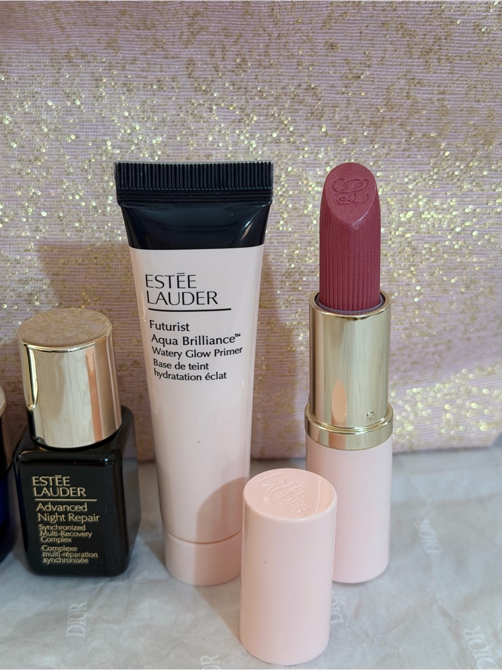 Estee Lauder Pink Glitter Cosmetic Pouch with Skincare & Lipstick - Picture 4 of 12